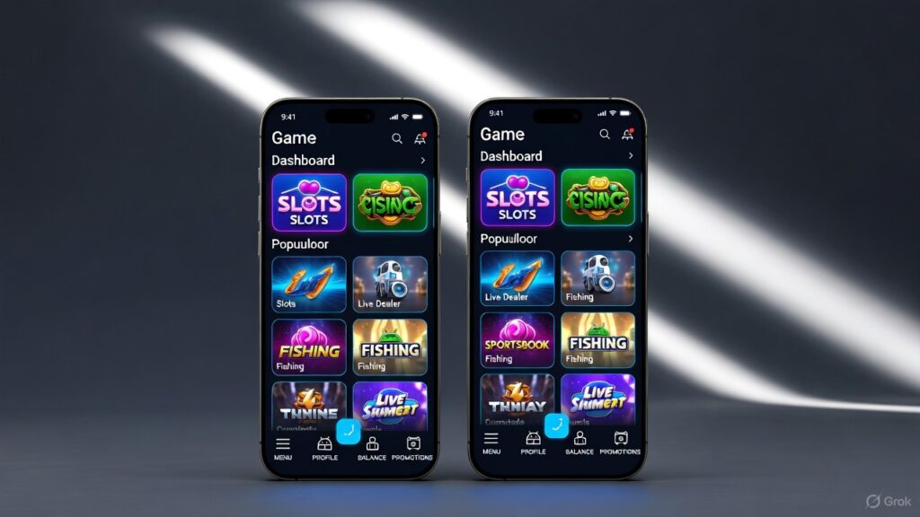 Modern DUA66 casino app interface shown on iPhone and Android, displaying the home screen with game categories like slots, live dealer, and sportsbook.