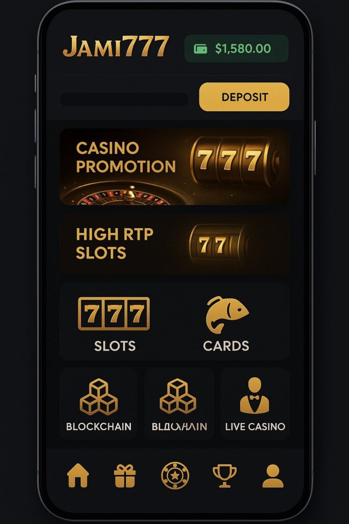 Jami777 official homepage UI showing top casino games like Aviator, Plinko, JetX, Chicken Road 2 and slot categories — modern online casino app interface