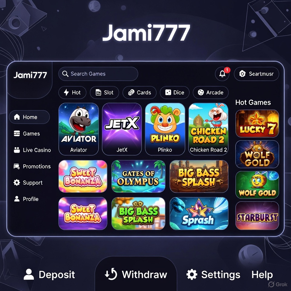 Jami777 homepage showing Aviator, JetX, Plinko, Chicken Road 2, Sweet Bonanza, Big Bass Splash, and other popular casino games with menu options and search bar.