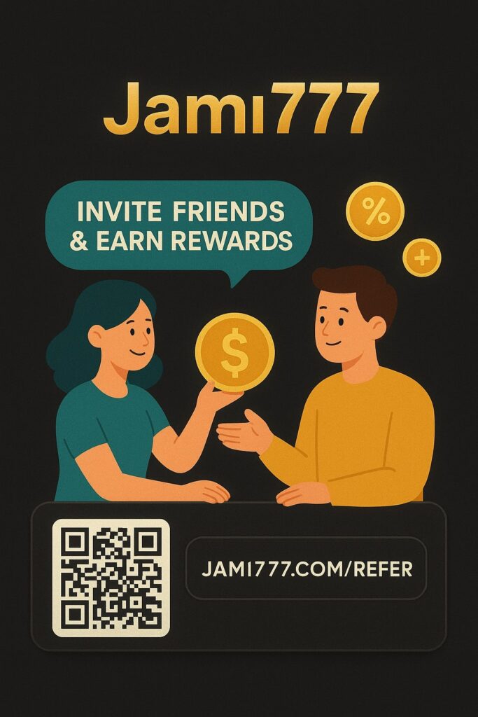Jami777 invite and earn referral program showing users exchanging rewards and earning coins through referrals.