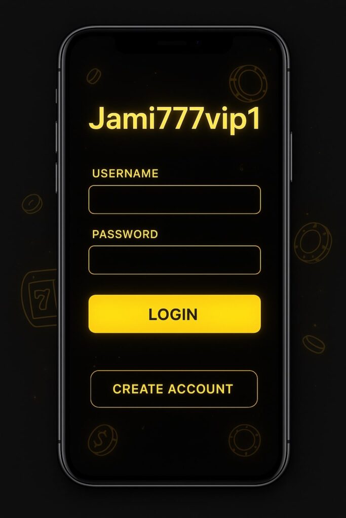 Jami777 login and registration screen with username, password fields, and create account button on the mobile casino app.
