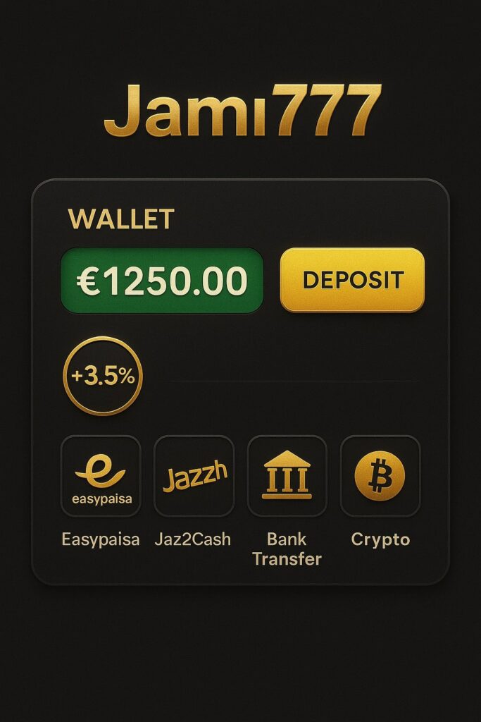 Jami777 wallet interface showing user balance, deposit button, and digital payment method icons for JazzCash and Easypaisa.