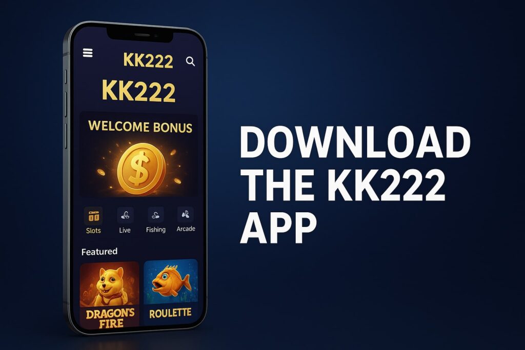 Official KK222 download buttons for Android APK and iOS, including platform icons and a clean, modern layout