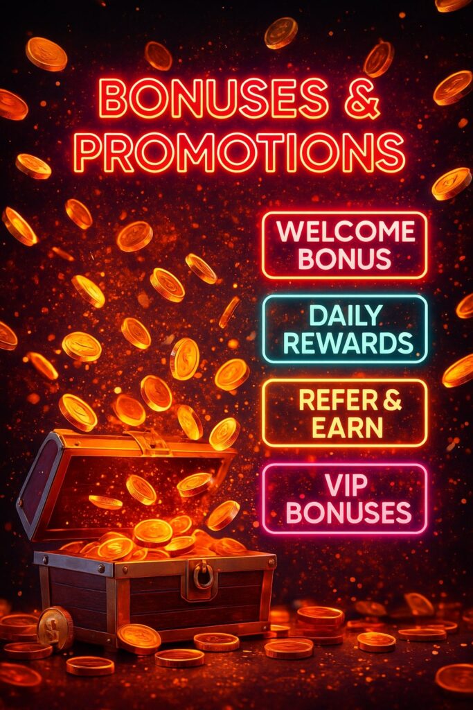 KK222 bonuses and promotions graphic featuring welcome bonus, daily rewards, VIP perks, and gold coins in a premium casino design.