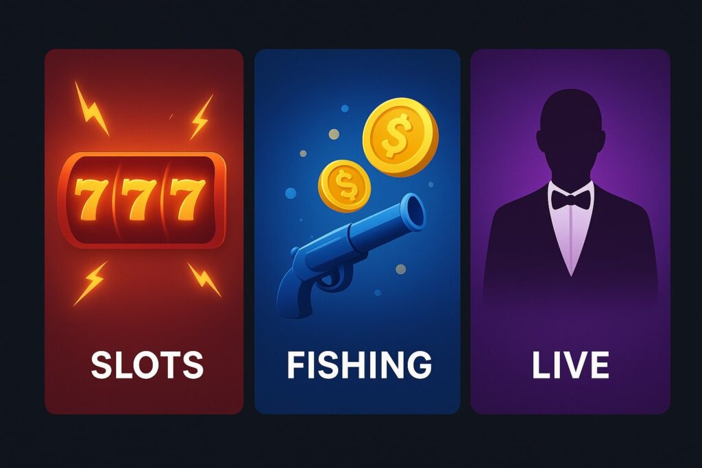 KK222 game category showcase featuring slots, live casino, and fishing games in a colorful, high-quality collage.