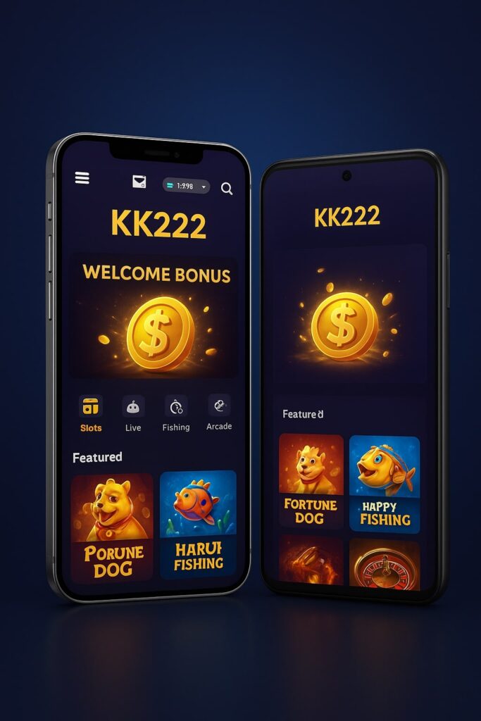 KK222 mobile app interface displayed on smartphone screens, showing the homepage, game categories, and a clean, modern casino layout.