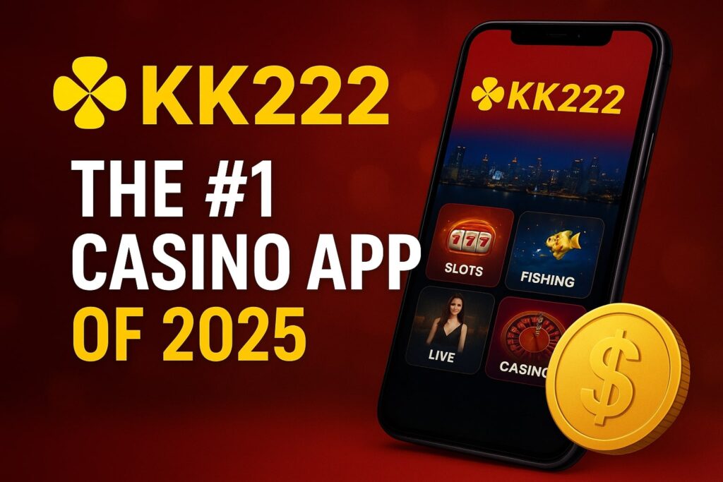 KK222 online casino feature banner showing the KK222 logo, glowing gold elements, slot reels, coins, and a download button for APK and iOS.