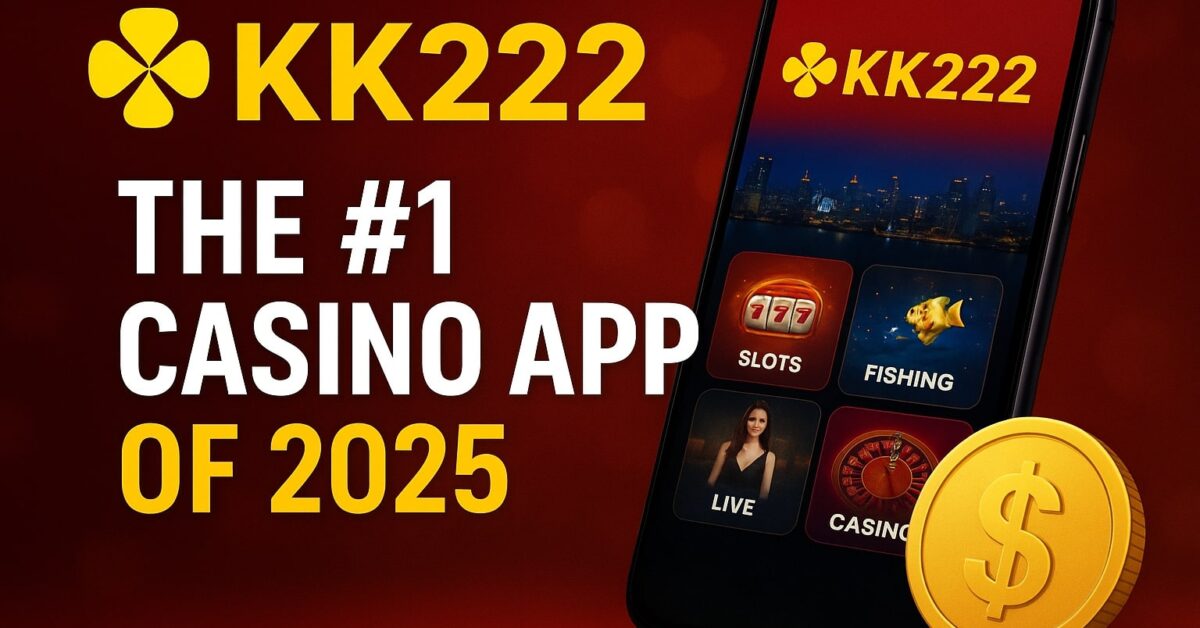KK222 online casino feature banner showing the KK222 logo, glowing gold elements, slot reels, coins, and a download button for APK and iOS.
