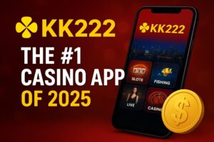 KK222 online casino feature banner showing the KK222 logo, glowing gold elements, slot reels, coins, and a download button for APK and iOS.