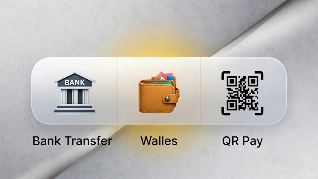 KK222 payment and withdrawal methods graphic displaying bank transfer, e-wallets, and fast payout options on a clean background