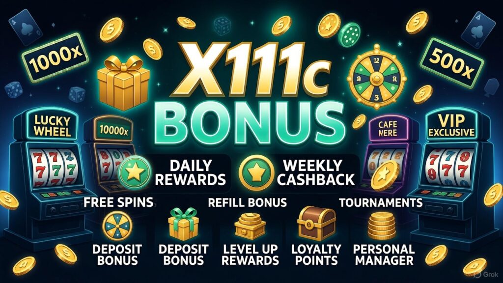 Digital casino poster highlighting X111c bonuses, gold coins, slot machines, and rewards icons.