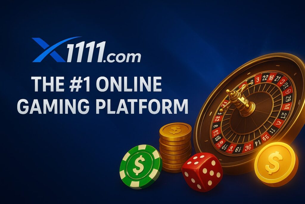 Promotional banner showing X111.com as the number one online gaming platform with roulette wheel, dice, coins, and casino chips.