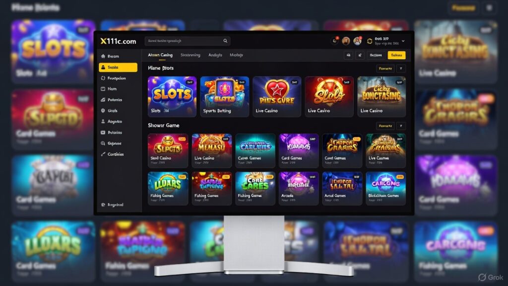 Promotional banner showcasing the X111c casino brand with gaming elements such as chips, coins, dice, and slot machine icons.