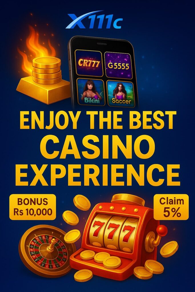 Promotional digital poster for X111c highlighting casino bonuses, slot machines, roulette wheel, and mobile gaming icons.