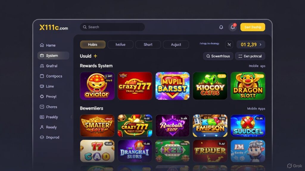 Promotional image displaying a selection of top casino games available on X111c, including slots, poker, rummy, and Teen Patti.