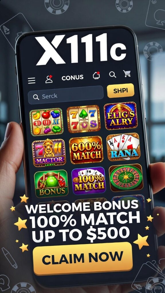 Advertisement-style mobile gaming image featuring the X111c casino app interface with slot icons and bonus rewards.