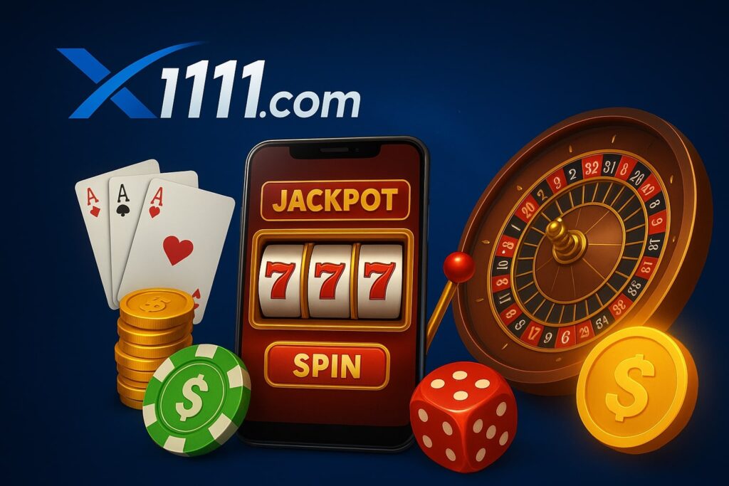 Digital poster featuring X111c mobile casino graphics, slot machine, gold coins, roulette wheel, and bonus offers.