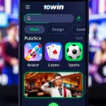 10win Game APK home screen showing 10win logo at top, search bar, Aviator rocket icon, Casino cards, Sports football, featured banner, dark theme with green accents, bottom navigation – download latest version Pakistan