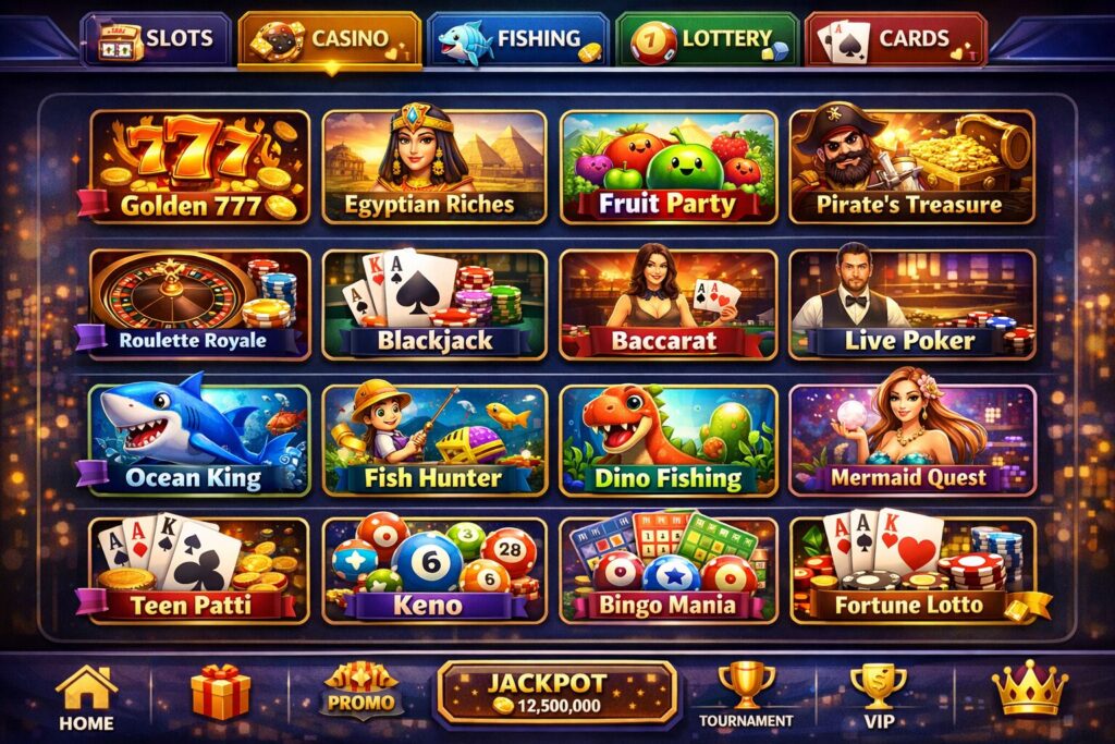 Online game lobby screen with slots, casino, fishing, lottery, and card game icons displayed in a modern gaming interface