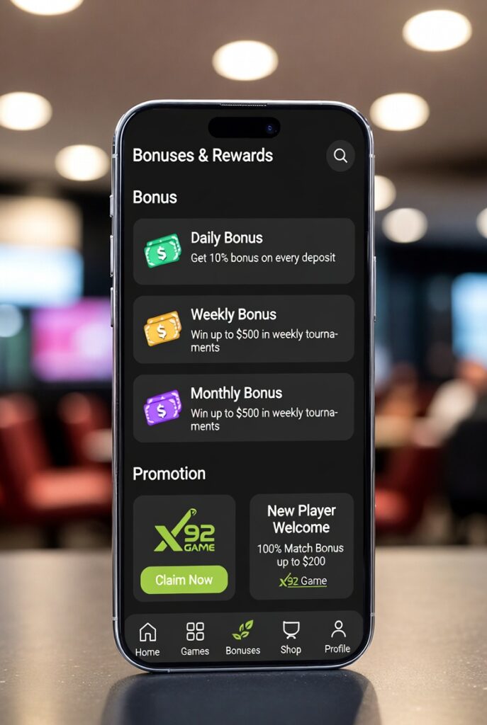X92 Game app Bonuses & Rewards page showing daily bonus, weekly bonus, monthly rewards and claim buttons