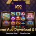 Featured hero image of X92 Game App main screen – casino lobby, slot icons, gold purple theme, download & review text