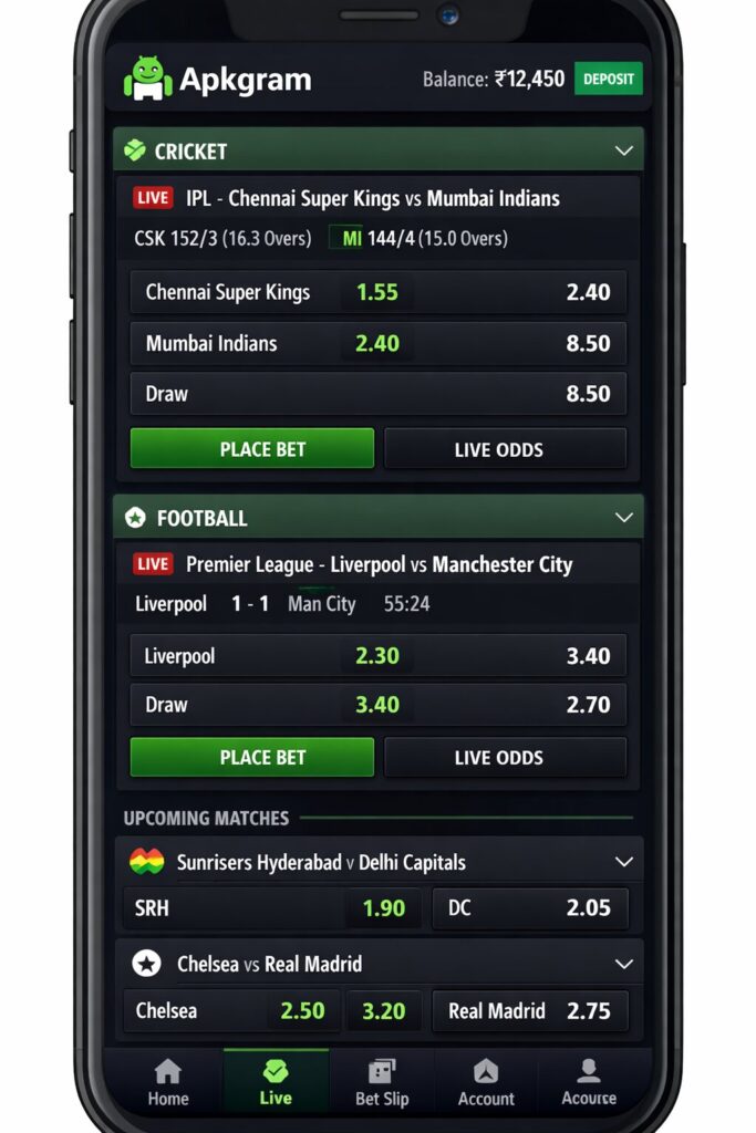 Appbet8771 sports betting interface with cricket odds and Apkgram logo