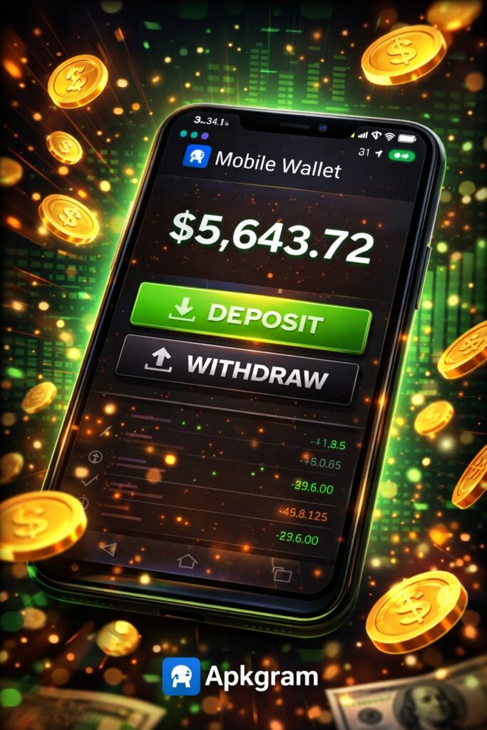 Appbet8771 wallet showing deposit and withdraw options with Apkgram branding