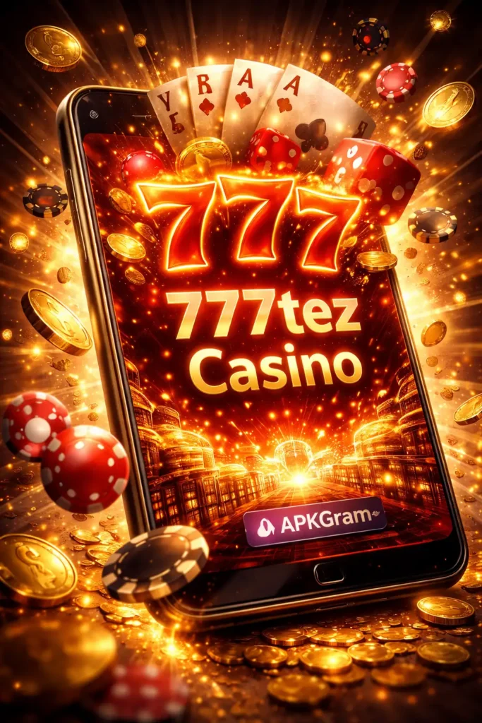 777tez casino world emerging from smartphone with APKGram branding