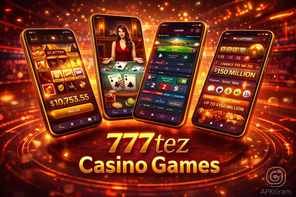 777tez casino world emerging from smartphone with APKGram branding