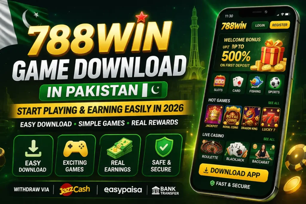 788win Game Download APK interface showing real earning casino app on smartphone in Pakistan