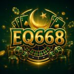 EQ668 casino game logo with gold and green design, roulette wheel, cards and dice for APK download article