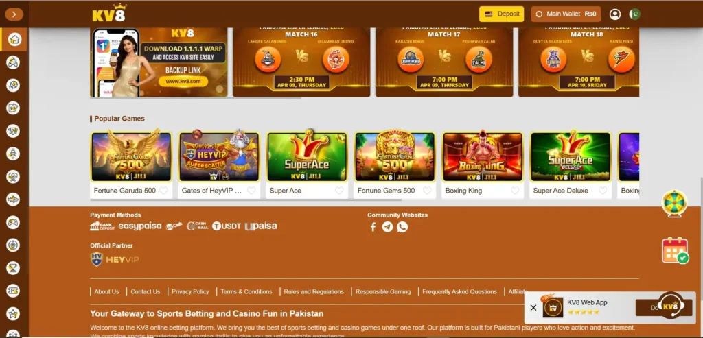 KV8 game APK showing popular games like slots, boxing king, fortune gems and casino games interface