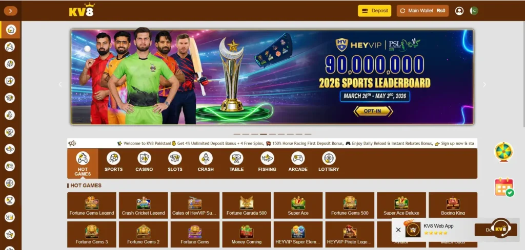 KV8 game download banner showing PSL 2026 sports leaderboard bonus event with cricket players and rewards