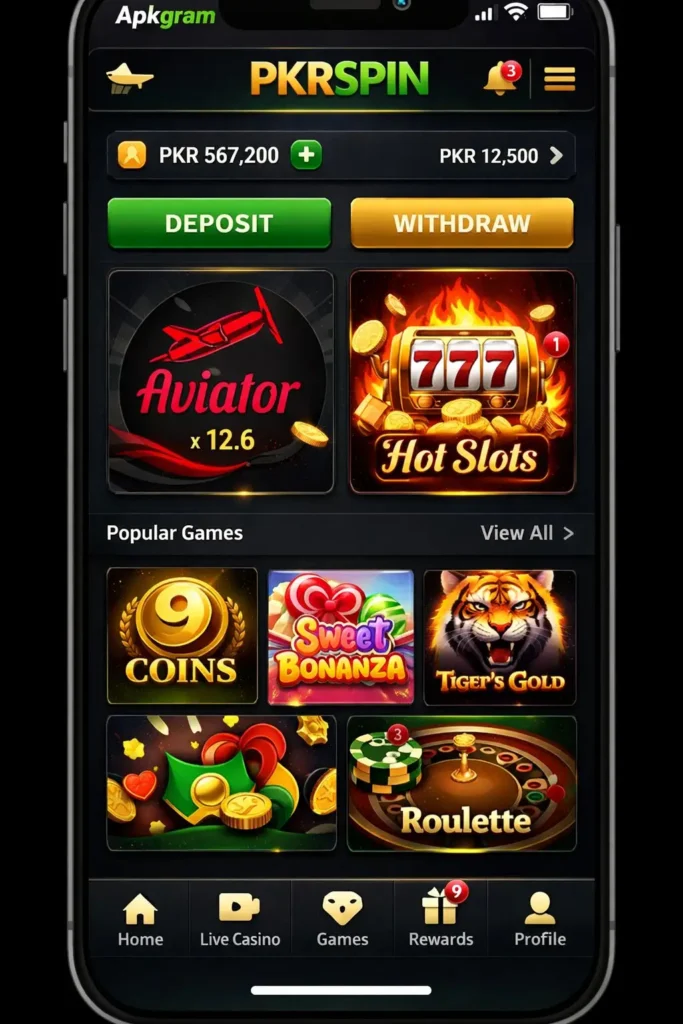PKRSPIN casino app dashboard with PKR currency and Apkgram branding