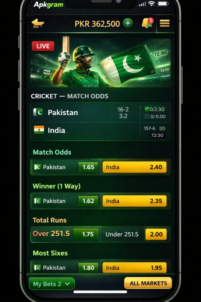 PKRSPIN sports betting interface with cricket odds in Pakistan
