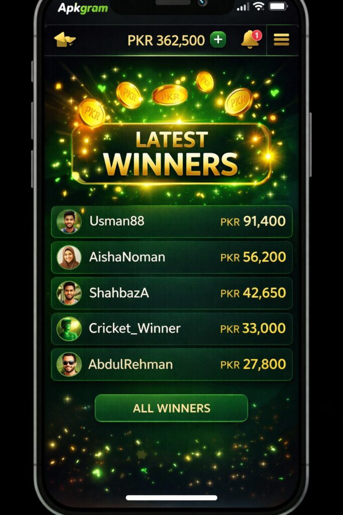 PKRSPIN latest winners screen showing earnings in PKR