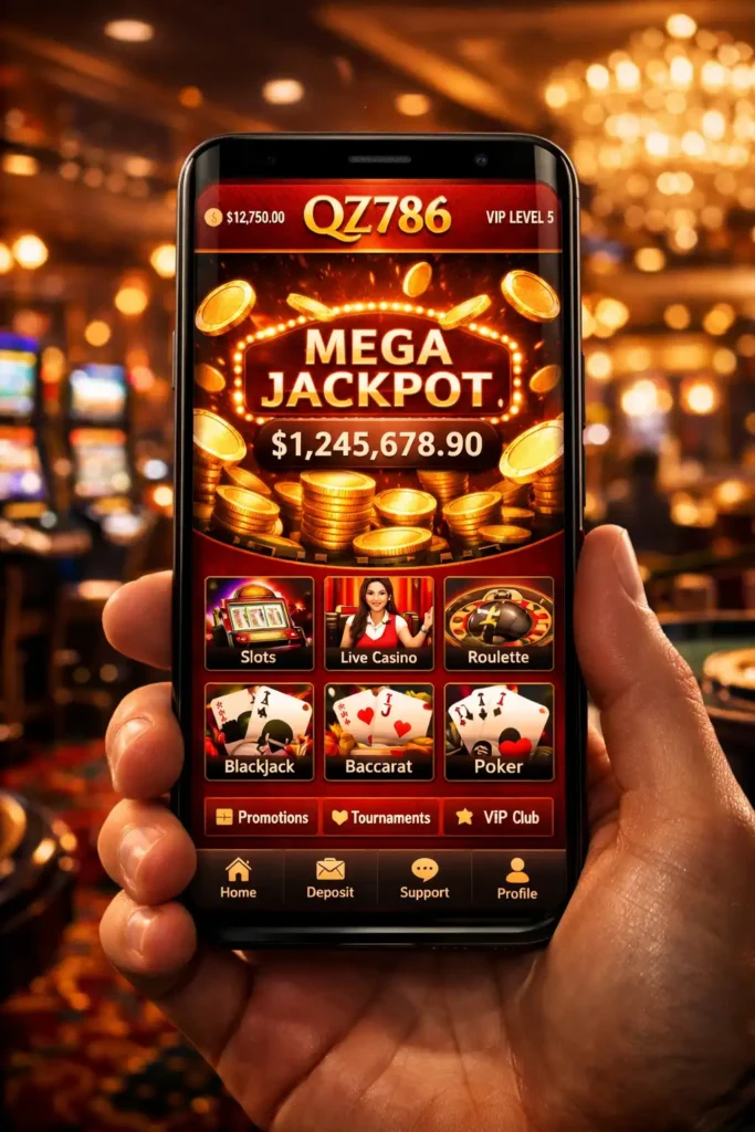QZ786 APK homepage showing casino games and bonus interface