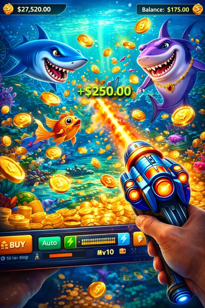 Fishing game in QZ786 APK with underwater coins and sharks