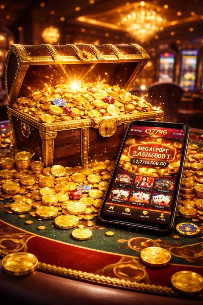 Treasure chest with gold coins representing QZ786 casino rewards